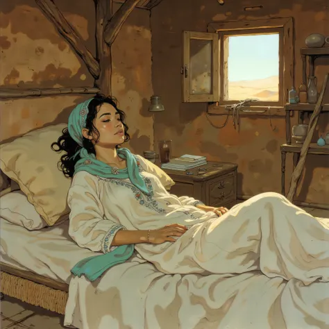 A beautiful young Jordanian woman awakens from a restful sleep in her humble, low-slung bed. Her room is dim except for a ray of warm morning light that enters through the slit in her old wooden window. The light illuminates the girl's face. The bed is mad...