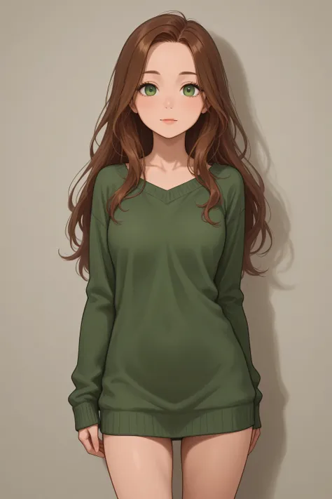 Girl with long brown hair and green eyes standing
