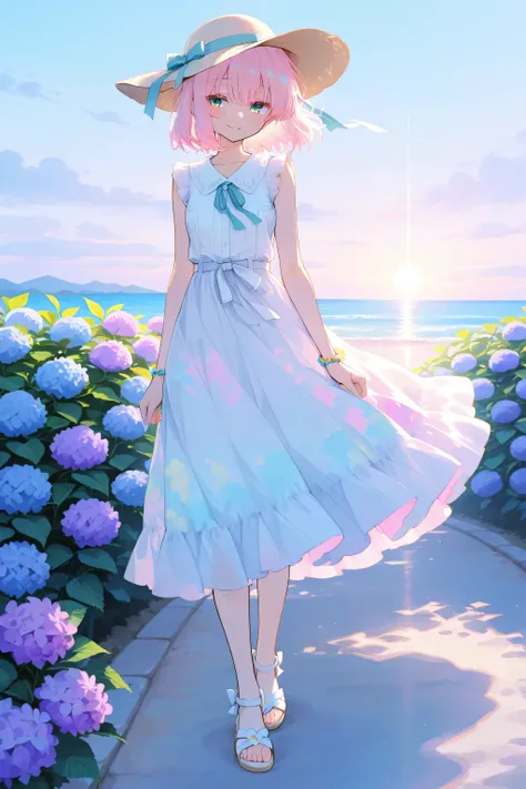 anime style, digital illustration
a girl enjoying summer breeze wearing a flowing skirt
light and airy midi skirt in pastel colors, sleeveless blouse, sun hat with ribbon, sandals, delicate bracelet
standing on a quiet seaside path lined with hydrang...