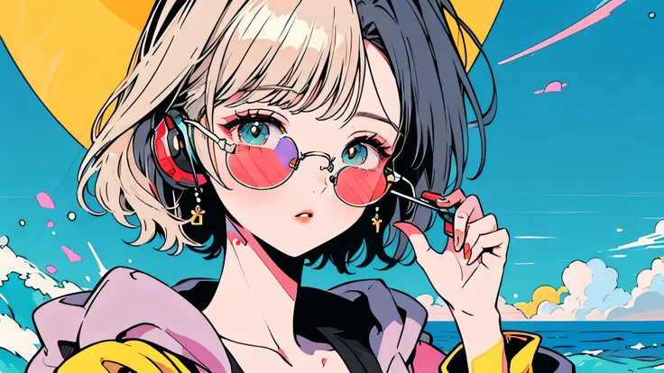 a cinematic close-up of a stylish young woman in retro-futuristic beachwear, holding a surfboard embedded with electronic circuitry. She stands at the edge of a glitching shoreline—waves crash, but the spray breaks into pixelated fragments mid-air. Her sun...