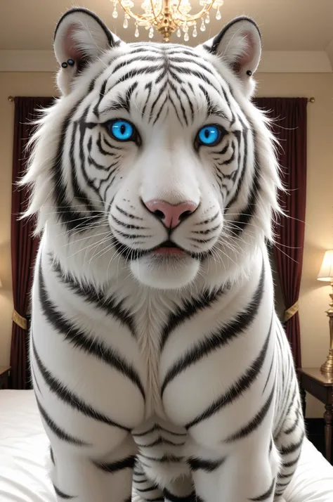 "A majestic large white tiger owned by a powerful boss. The tiger is muscular and regal, with glowing white fur and piercing blue eyes. It sits calmly next to its master or in front of a luxurious mansion. The atmosphere is a mix of elegance and danger. Ba...