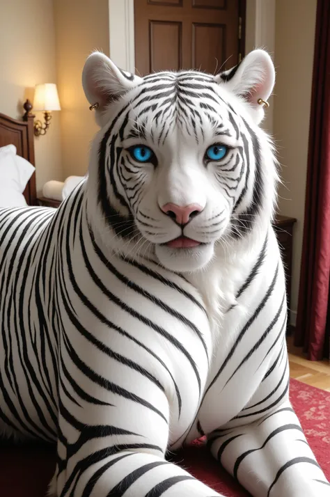"A majestic large white tiger owned by a powerful boss. The tiger is muscular and regal, with glowing white fur and piercing blue eyes. It sits calmly next to its master or in front of a luxurious mansion. The atmosphere is a mix of elegance and danger. Ba...
