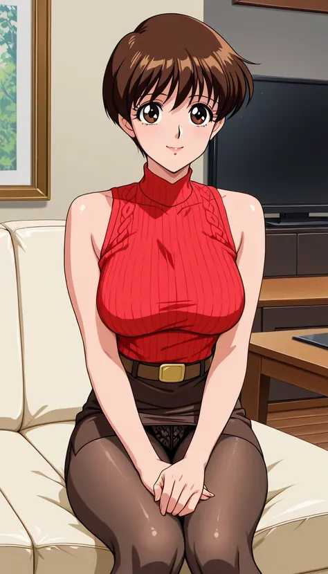 score_9, score_8_up, score_7_up, Source_anime, Top Quality、8k、masterpiece、natural light、and high precision、perfect anatomy、one woman、midium breasts, sagging breasts, voluptuous body, anime coloring, retro artstyle, asuka_zero, very short hair, hair between...