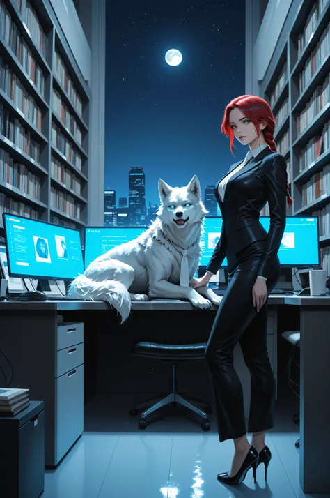  a picture of woman in her high tech office and her white wolf pet, the woman,  an exquisite beautiful human woman, long red hair, braided hair, green eyes, wearing elegant silk suit, intricate suit  wearing white tie, wearing high heels, standing in a hig...