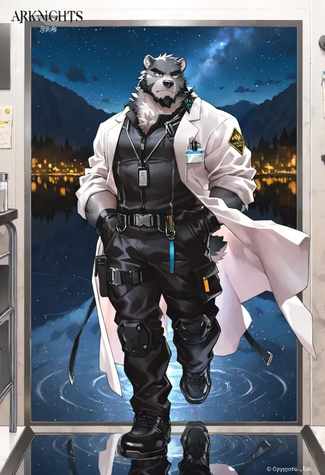 (masterpiece:1.2), best quality, official art, perfect anatomy, ray tracing, solo, (1_male:1.3), muscular build, (grey fur:1.4), muscle bear, (beard:1.2), golden eyes, bear tail, full body, thick black eyebrows, ,floating lab coat,scientist suit inside,sil...