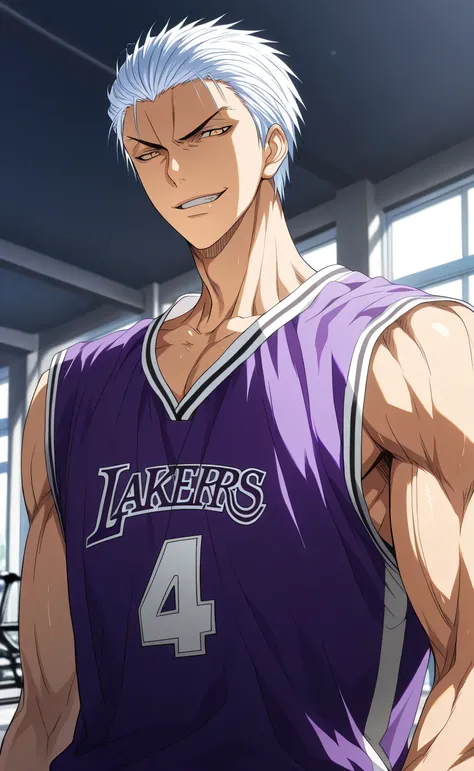 1male,solo,Ryuga,white hair,short hair,slicked back hair,yellow eyes,evil grin,LA Lakers Home Jersey,purple shirt,muscle,gym,school,half-body,Kuroko no Basuke