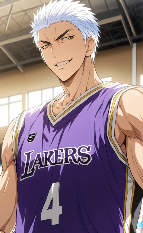 1male,solo,Ryuga,short hair,white hair,slicked back hair,yellow eyes,evil grin,LA Lakers Home Jersey,all purple shirt,big muscle,gym,school,half-body,Kuroko no Basuke