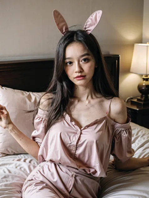 masterpiece, best quality, ultra-detailed, 1 girl, bunny ears, fluffy white rabbit ears, sleepy expression, long hair, soft smile, comfortable pajamas, silk pajama set, pastel pink color, bare shoulders, relaxed pose, lying on bed, plush mattress, soft bla...
