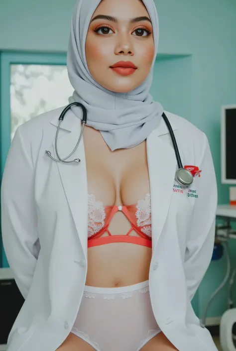 hijab Nurses in white coats. PLACE BOTH HANDS BEHIND YOUR BACK, Super realistic with sensual lacy red bra.. Sexual l.whole body. masterpiece. bulky . White hospital gowns white lingerieDoctor in sexy white coat with white bra Masterpiece. lacy micro linger...