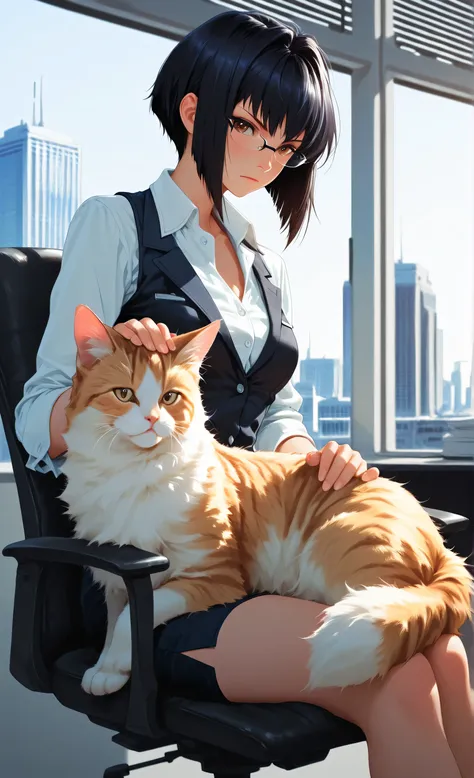 Businesswoman anime girl with sharp bob haircut and dark glasses, sitting on a sleek office chair, petting a lazy fluffy cat on her lap, serious but warm expression, modern office background with city view, soft ambient lighting, stylish and cozy, ultra-de...
