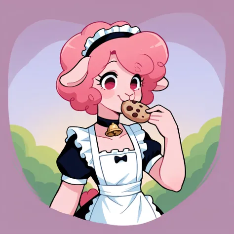 better quality, very detailed illustration ( Anthropomorphic furry sheep:1,7) , femboy, ruffled voluminous bouncy hair , delgado, ideal body, simple drawing, Artifyber style , pastel flat colors , beautiful, cartoon ,solo,baker, short curly pink hair, maid...