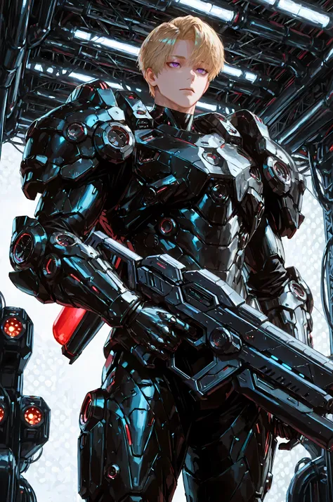 8k, beautiful masterpiece, looking ahead, alone, pale skin, Perfect Eyes shape, Athletic Build, ((He wears: black with red and silver accents = high-tech bulky heavy power body armor; high-tech gauntlets and pauldrons; high-tech jetpack)), (((background is...