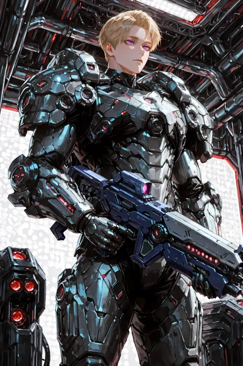 8k, beautiful masterpiece, looking ahead, alone, pale skin, Perfect Eyes shape, Athletic Build, ((He wears: black with red and silver accents = high-tech bulky heavy power body armor; high-tech gauntlets and pauldrons; high-tech jetpack)), (((background is...
