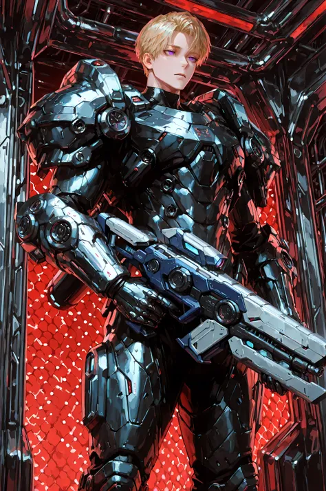 8k, beautiful masterpiece, looking ahead, alone, pale skin, Perfect Eyes shape, Athletic Build, ((He wears: black with red and silver accents = high-tech bulky heavy power body armor; high-tech gauntlets and pauldrons; high-tech jetpack)), (((background is...