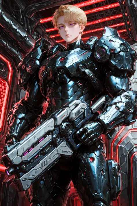 8k, beautiful masterpiece, looking ahead, alone, pale skin, Perfect Eyes shape, Athletic Build, ((He wears: black with red and silver accents = high-tech bulky heavy power body armor; high-tech gauntlets and pauldrons; high-tech jetpack)), (((background is...