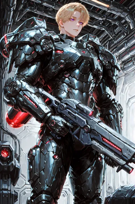 8k, beautiful masterpiece, looking ahead, alone, pale skin, Perfect Eyes shape, Athletic Build, ((He wears: black with red and silver accents = high-tech bulky heavy power body armor; high-tech gauntlets and pauldrons; high-tech jetpack)), (((background is...