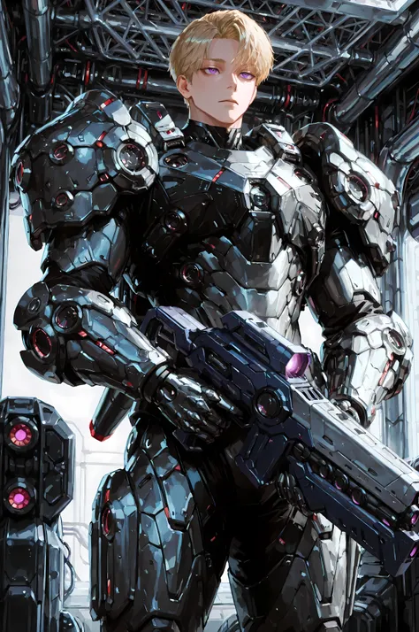 8k, beautiful masterpiece, looking ahead, alone, pale skin, Perfect Eyes shape, Athletic Build, ((He wears: black with red and silver accents = high-tech bulky heavy power body armor; high-tech gauntlets and pauldrons; high-tech jetpack)), (((background is...