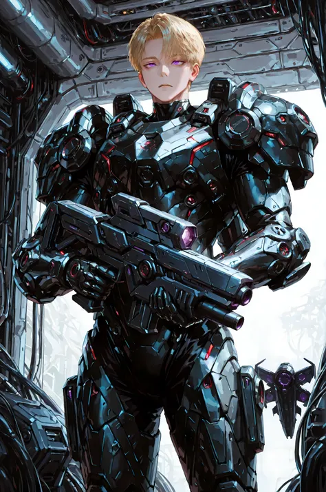 8k, beautiful masterpiece, looking ahead, alone, pale skin, Perfect Eyes shape, Athletic Build, ((He wears: black with red and silver accents = high-tech bulky heavy power body armor; high-tech gauntlets and pauldrons; high-tech jetpack)), (((background is...