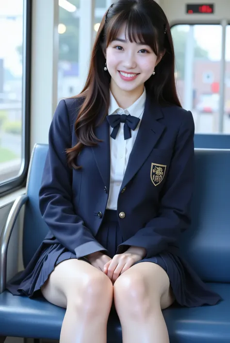  super realistic, sitting on a train seat.  she wears a traditional school uniform ,  including a navy blue blazer , white shirt, pleated skirt,  and a ribbon or ribbon properly tied .   her dark hair is simply  ,  and彼女は思慮深い表情 . A realistic depiction of a...