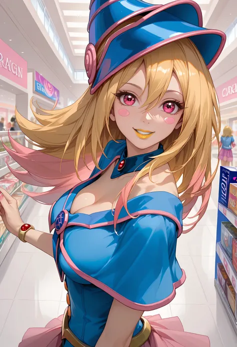woman, anime style, yellow lipstick, large breasts, blonde hair, pink highlights in hair, pink eyes, cheerful smile, focus on character, looking at viewer, open arms, shopping mall, convention, side view, top view, cleavage, long hair, fantasy, Dark Magici...