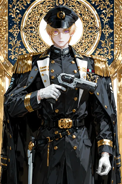 8k, beautiful masterpiece, looking ahead, alone, pale skin, Perfect Eyes shape, Athletic Build, ((He wears: dark blue with white and golden accents = navy ceremonial officer six-buttoned epaulets jacket, military decorations on jacket, navy military overco...