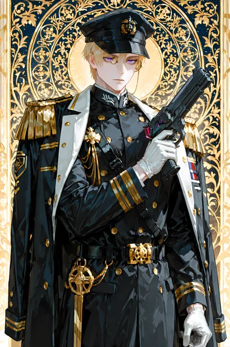 8k, beautiful masterpiece, looking ahead, alone, pale skin, Perfect Eyes shape, Athletic Build, ((He wears: dark blue with white and golden accents = navy ceremonial officer six-buttoned epaulets jacket, military decorations on jacket, navy military overco...