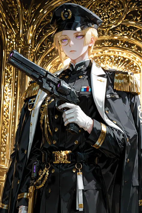 8k, beautiful masterpiece, looking ahead, alone, pale skin, Perfect Eyes shape, Athletic Build, ((He wears: dark blue with white and golden accents = navy ceremonial officer six-buttoned epaulets jacket, military decorations on jacket, navy military overco...