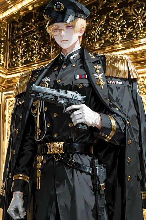 8k, beautiful masterpiece, looking ahead, alone, pale skin, Perfect Eyes shape, Athletic Build, ((He wears: dark blue with white and golden accents = navy ceremonial officer six-buttoned epaulets jacket, military decorations on jacket, navy military overco...