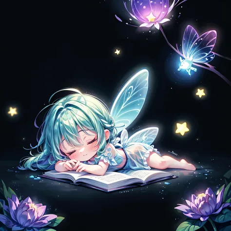 A cute fluorescent creature floating in the air、 neon color above the flower、 black light 、 simple black background 、Star Fairy、has small translucent fairy wings from her waist、（Take a nap on a large textbook:1.5）、
