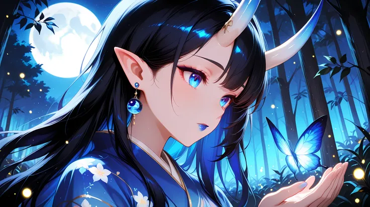 detailed eyes,anime eyes,high detail eyes,multicolored iris,detailed iris,, 1 girl, solo, face, pretty face, blue eyes, looking at the viewr, kimono, jewelry, earings, bright oni horns, pointy ears, blue lips, mediun lips, long hair, black hair, blue, blue...