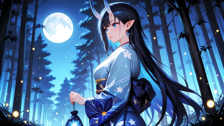 detailed eyes,anime eyes,high detail eyes,multicolored iris,detailed iris,, 1 girl, solo, face, pretty face, blue eyes, holding an buttlerfly, kimono, jewelry, earings, bright oni horns, pointy ears, big lips, long hair, black hair, blue, blue filter, fore...