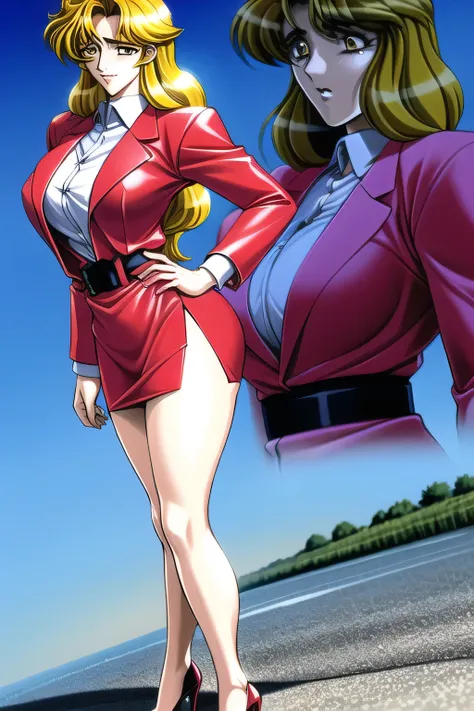 women with long yellow waves，in plain clothes，red costume，miniskirt，High Heels，，，FEMALE DETECTIVE,Undercover,standing，表情最優先なのでCan you draw aください，More Delicate    な表情が描けるかな，amazing thighs ，Beautiful legs，please relax and smile，nice smile，More Delicate     表...