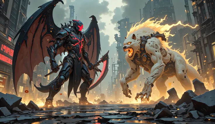 A photorealistic, highly detailed cinematic battle sequence in a vast, ruined sci-fi cityscape. The Reaper — a tall, slender cybernetic warrior — stands with terrifying stillness at the center of cracked, crumbling pavement. He wears a full suit of sleek, ...