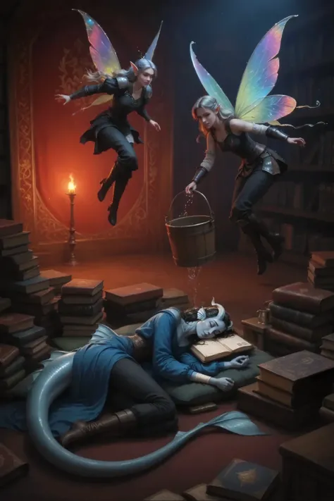 Vertical view from above of Kedra tail, fins on the head, horns on the head, sleeps, with closed eyes, sleeps на книгах. Lots of old magical ancient books. Against the background is an old magic library in warm light. Thin cheeks, skinny kind face, в сре...