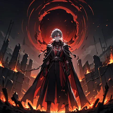"Anime-style cursed young male with white messy ear-length hair and glowing red eyes, standing in a burning underworld battlefield. His right hand raised, holding a swirling ball of red cursed energy emitting dark aura. Wears torn black robes with broken c...