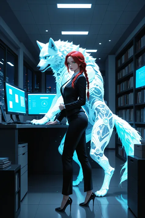  a picture of woman in her high tech office and a white wolf pet, the woman,  an exquisite beautiful human woman, long red hair, braided hair, green eyes, wearing elegant silk suit, intricate suit  wearing white tie, wearing high heels, standing in a high ...