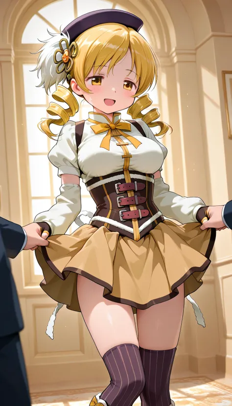 Mami Tomoe, happy , Magical Girl, lifting her skirt , ARREST,  elegant room 