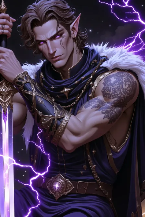 A DND male Astral Elf with light brown skin, Autumn brown hair in a comb-over style with a purple and white stripe, scars around his eyes, glowing purple star-like eyes, and tattoos around his neck. Lean muscle build. Wearing sleeveless purple and white re...