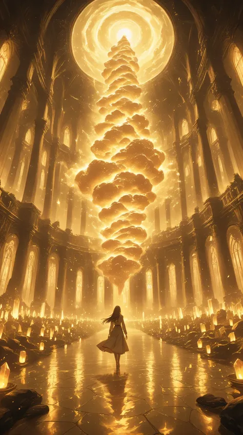 An enormous palace grand hall with majestic architecture, marble floors, soaring golden pillars, crystal chandeliers glowing softly from the ceiling, ancient engraved walls, surrounded by dozens of tall, arched magical windows, each window acting as a gate...