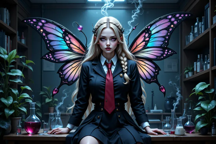 Faeothic,zavy-ctcmcs,w1n,hyp3rd3tail style,a picture of dark goth  fairy in her school science lab, casting a spell on dark plants, that grow wildly an exquisite beautiful female fairy, long blond hair, braided hair, dark colorful wings, pink eyes, wearing...