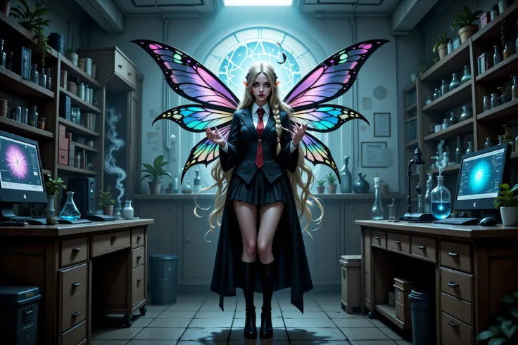 Faeothic,zavy-ctcmcs,w1n,hyp3rd3tail style,a picture of dark goth  fairy in her school science lab, casting a spell on dark plants, that grow wildly an exquisite beautiful female fairy, long blond hair, braided hair, dark colorful wings, pink eyes, wearing...