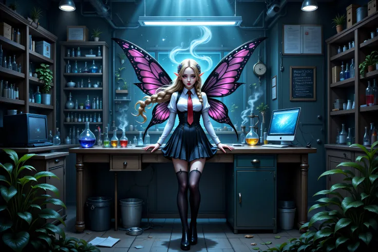 Faeothic,zavy-ctcmcs,w1n,hyp3rd3tail style,a picture of dark goth  fairy in her school science lab, casting a spell on dark plants, that grow wildly an exquisite beautiful female fairy, long blond hair, braided hair, dark colorful wings, pink eyes, wearing...