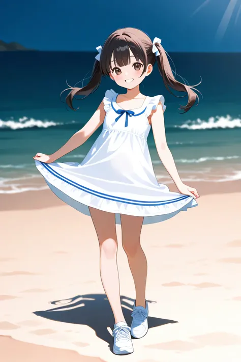 dark haired twin tails、elementary school student、Full Body、Midsummer、beach、Smile Yan、