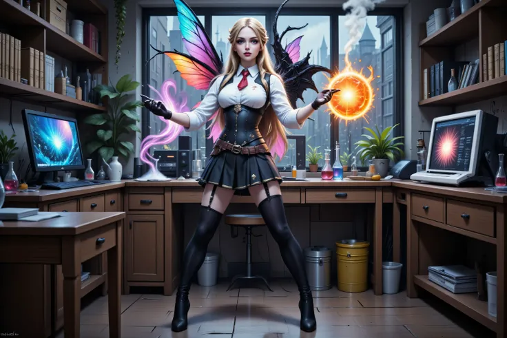 Faeothic,zavy-ctcmcs,w1n,hyp3rd3tail style,a picture of dark goth  fairy in her school science lab, casting a spell on dark plants, that grow wildly an exquisite beautiful female fairy, long blond hair, braided hair, dark colorful wings, pink eyes, wearing...