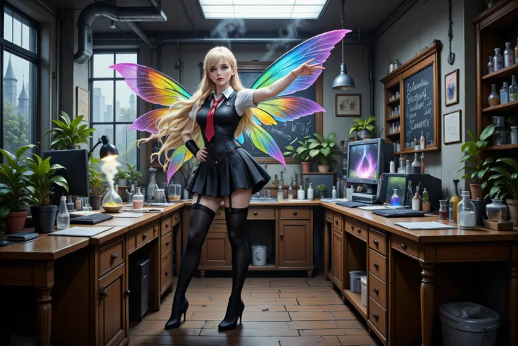 Faeothic,zavy-ctcmcs,w1n,hyp3rd3tail style,a picture of dark goth  fairy in her school science lab, casting a spell on dark plants, that grow wildly an exquisite beautiful female fairy, long blond hair, braided hair, dark colorful wings, pink eyes, wearing...