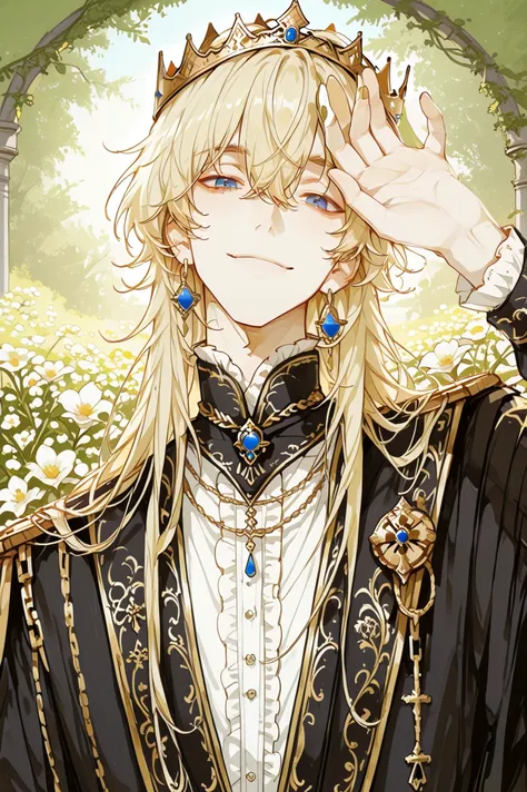 extremely handsome young prince, around 25 years old, facing directly forward, making direct eye contact, short silky pale blonde hair with full fringe, mash-style haircut, soft and straight, covering the forehead, slightly droopy vivid blue eyes, subtly s...