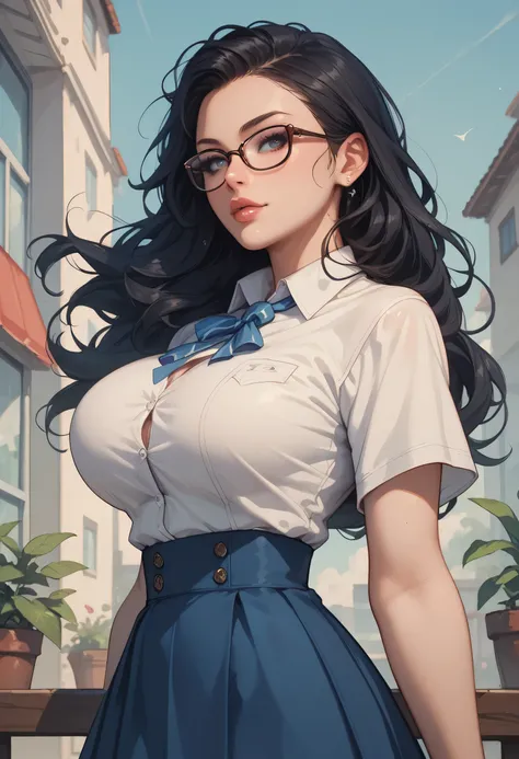 1girl, breasts, skirt, long hair, glasses, solo, black hair, high-waist skirt, shirt, blue skirt, white shirt, large breasts, tented shirt, short sleeves, lips, from side