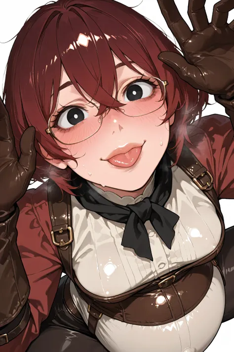 detailed eyes, detailed face, BREAK girl, blank white background, sweat, eyes on viewer, (1girl, solo), fat body, mature woman, short messy hair cut, crossed bangs, bangs between eyes, face line, face pucker, face wrinkle, dark red hair, perfect eyes, blac...