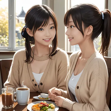 masterpiece, best quality, two Japanese sisters having breakfast together, sitting across from each other at a cozy wooden table, anime style with soft 3D shading, warm morning light through the window, smiling warmly, older sister with long black hair in ...