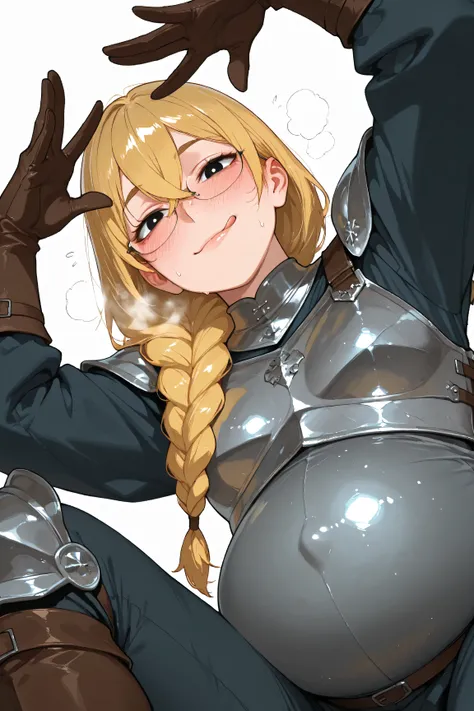 detailed eyes, detailed face, BREAK girl, blank white background, sweat, eyes on viewer, (1girl, solo), fat body, mature woman, long braided hair cut, crossed bangs, bangs between eyes, face line, face pucker, face wrinkle, blonde hair, perfect eyes, black...